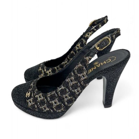 Authentic CHANEL Black CC Logo Cap Toe Block Heel Slingback Sandals Size… - Picture 8 of 16